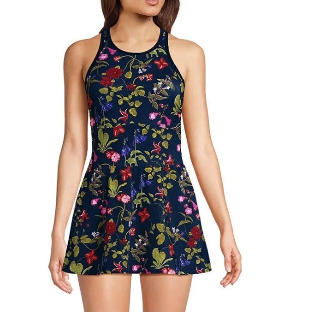 Land's End Tugless High Neck 1 piece swim dress Deep Sea Garden Floral Various